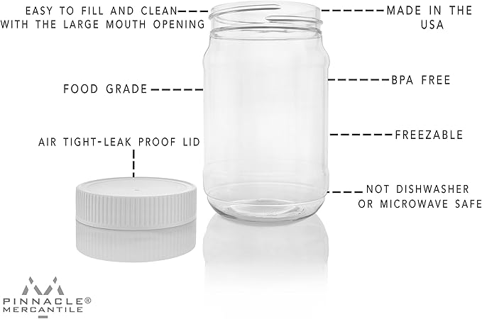 Pinnacle Mercantile Plastic Jars with Screw on Lined Lids 6 Pack 32 ounce Wide Mouth Food Storage Containers