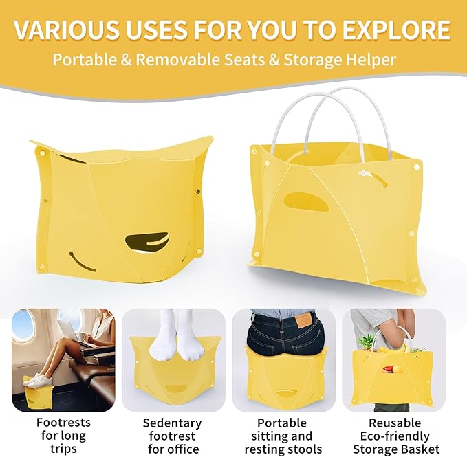 Travel Foot Rest for Airplane & Office - Portable Under Desk Foot Stool, Relieves Back & Knee Pain, Comfort for Long Flights, Cars, Subways & Trains (Yellow)