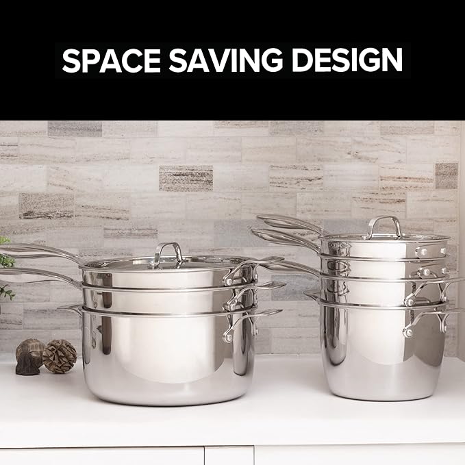 Nuwave Stainless Steel 9-Piece Pro-Smart Cookware Set, Space Saving Nestable Design, Heavy-Duty Tri-Ply, Dishwasher & Oven Safe, Ergonomic Stay-Cool Handles, Induction-Ready & Works on All Cooktops