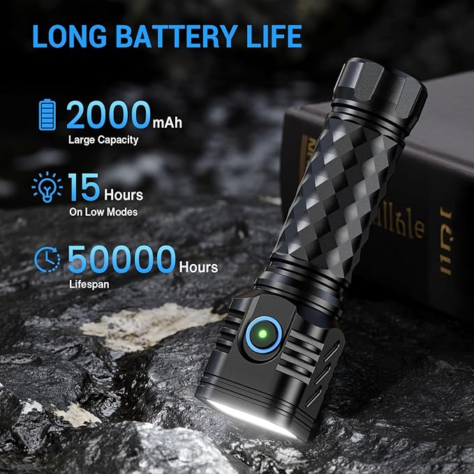 Rechargeable Flashlights High Lumens, Flashlights Rechargeable, Super Bright Flashlight, Waterproof Tactical Flash Light, High Powered 2000 mAh LED Flashlight for Emergency Home Camping Essentials 2P