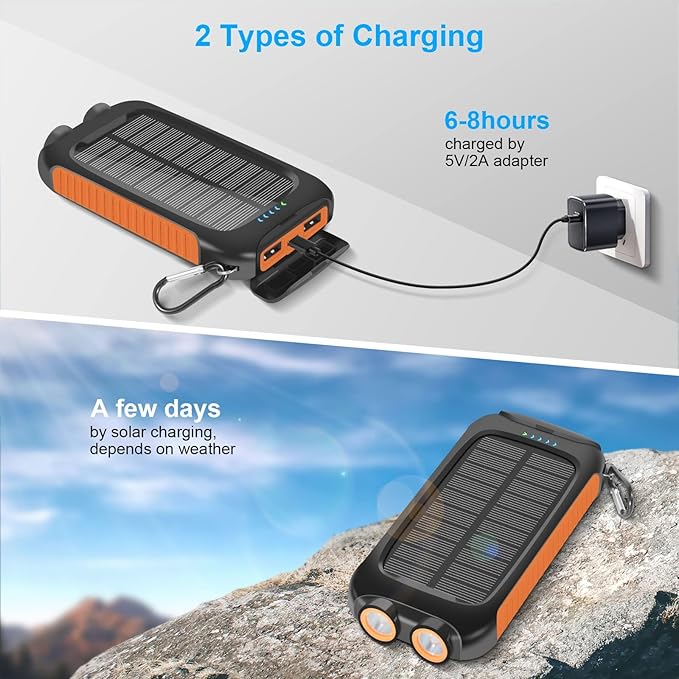 Solar Charger Power Bank 20000mAh, Portable Charger External Battery Pack 5V/3A Type C Input Output Dual Built-in Bright Flashlights, Outdoor Battery Pack for Cell Phones, Camping, Hiking, Emergency