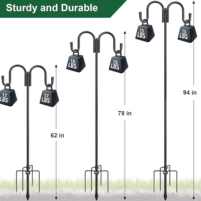 Black Double Shepherds Hook - 52 Inch Adjustable Bird Feeder Pole with 5 Prongs Base - Heavy Duty Rustproof Shepards Hooks for Outdoor Hummingbird Feeder Stand, Solar Lights, Lanterns, Flower Basket