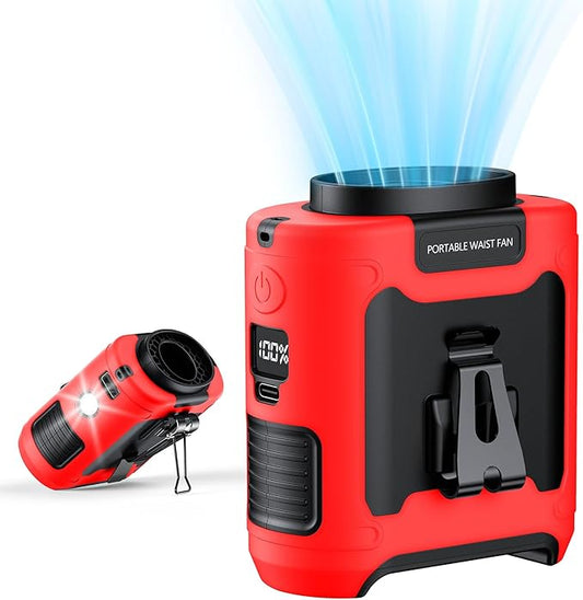 AI Portable Waist Clip Fan, Upgraded 10000mAh Rechargeable Battery Wearable Belt Personal Fan, 16000RPM Powerful 5 Speeds Shirt with Flashlight Neck Hands-Free 40H Cooling (Red)