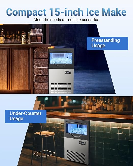 Commercial Ice Maker Machine, 120lbs/24H Under Counter Ice Maker, 22~33Lbs Stainless Steel Storage Capacity, 12 Adjustable Thickness Settings, Self-Cleaning, Ideal for Home, Cafe, Bar, Clinic (120LBS)