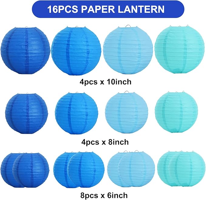BEISHIDA 16 Pcs Sea Mix Paper Lanterns,Hanging Decorative Chinese Japanese Round Paper Lantern Lamp for Birthday Wedding Baby Bride Shower Home Party Decoration
