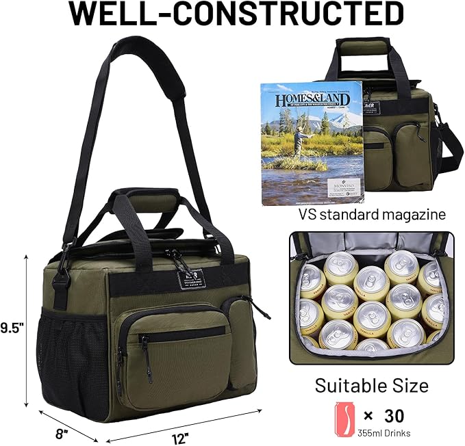 MIER Leakproof Insulated Cooler Lunch Bag for Adult Men Women 30 Can Cooler Bag with Top Flip Lid, 18L, Multiple Pockets (Dark Green-No Luggage Strap)