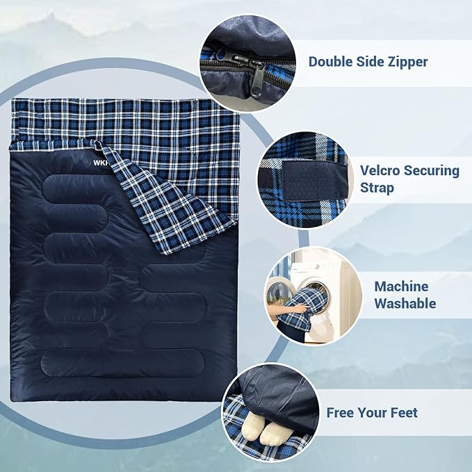 Double Sleeping Bag for Adults Machine Washable 2 Person Camping Sleeping Bag Queen Size Waterproof with Compression Sack for Cold Weather 3-4 Seasons
