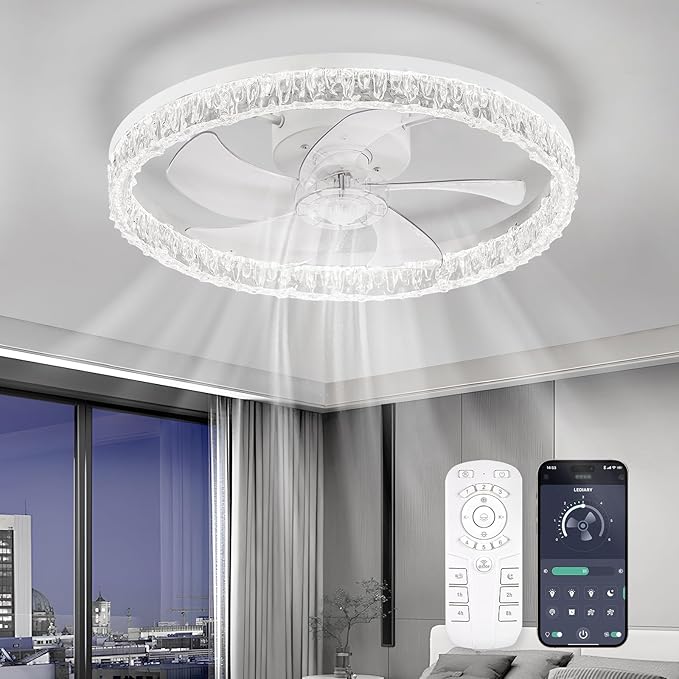Low Profile Ceiling Fans with Lights and Remote, Fandelier Ceiling Fan Flush Mount, 3000K-6500K Smart 5 Fan Blades LED Fan Light, Modern Ceiling Fans with Lights for Bedroom