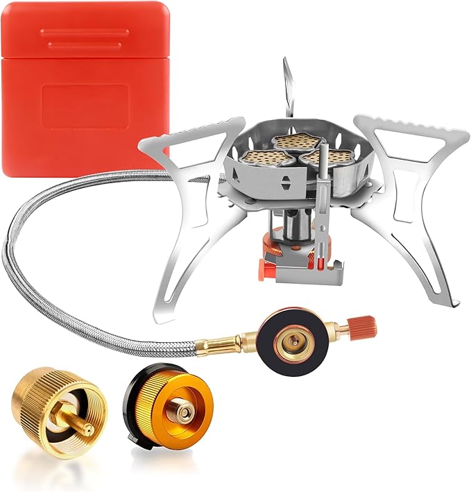 6800W Camping Stove with Fuel Canister Adapter Portable Backpacking Gas Stove with Piezo Ignition, 1LB Propane Tank Adapter, Butane Adapter for Outdoor Cooking, Picnic, Camping and Hiking