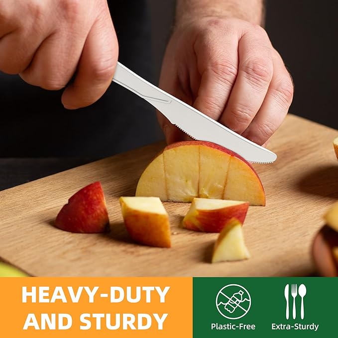 100% Compostable Knives, 7.7" 150pcs Large Disposable Cornstarch Cutlery Heavy Duty Eco-Friendly Utensils Durable and BPI-Certified Party Supplies No Plastic, Ivory White