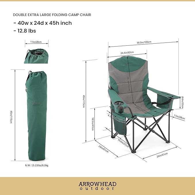 ARROWHEAD OUTDOOR 2-Pack Oversized XXL Portable Folding Camp Chair w/Glass & Cup Holders, Armrest Cooler, Heavy Duty Carry Bag, 600 lbs Weight Capacity