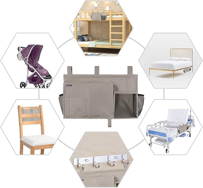 Surblue Bedside Caddy Hanging Bed Organizer Storage Bag Pocket for Bunk and Hospital Beds, College Dorm Rooms Baby Bed Rails,Camp (8 Pockets),Gray