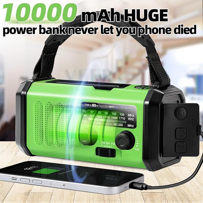 Hand Crank Emergency Radio,37000mWhSolar Powered Hand Crank Portable NOAA AM FM Weather Radio with 3Mode Flashlight and Reading Light,Cell Phone Charger,Home and Emergency Distress Signal (Green)