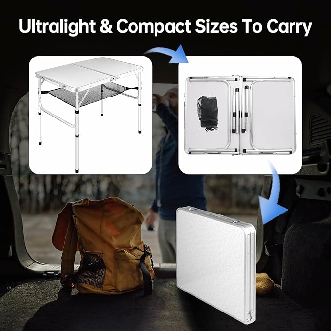 Medium Folding Table,2 Adjustable Height Foldable Table,3Ft Portable Camping Table,Outdoor Folding Table with Net Mesh，Folding Beach Table,White Metal Folding Table for Patio BBQ Backpacking