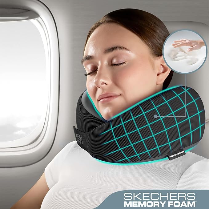 Skechers Memory Foam Neck Pillow, Comfortable & Breathable Travel Pillow,Neck Pillow Airplane for Travel, Car Rides, Home, and Office Use, Ergonomic Design for Men and Women,Black