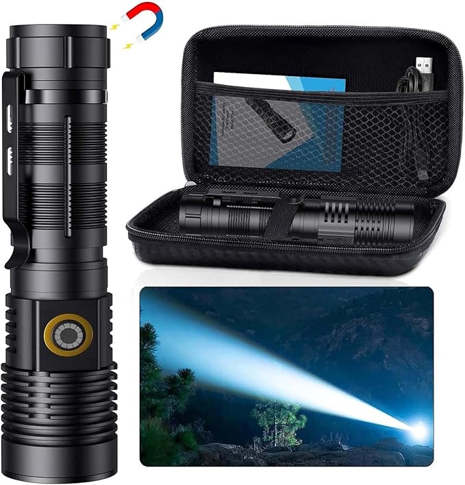 Small Tactical Flashlights High Lumens - 1500 Meters Long Beam Super Bright LED Magnetic Flashlight USB Rechargeable Zoomable 5Modes Long Beam Spotlight Flashlight for Hiking, Camping, 1pcs