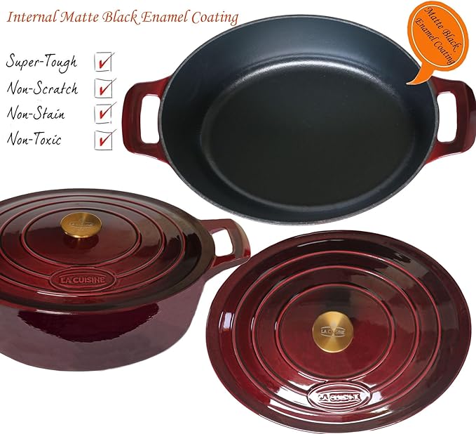 La Cuisine Enameled Cast Iron Oval Dutch Oven Casserole Dish Pot with Lid 5 QT Internal Matte Black Enamel Coating, Cranberry, Gold-Plated Stainless Steel Lid Handle, Oven Safe