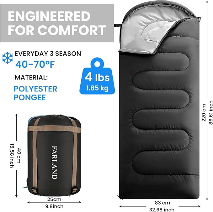 FARLAND Sleeping Bags 30℉ for Adults Teens Kids with Compression Sack Portable and Lightweight for 3-4 Season Camping, Hiking,Waterproof, Backpacking and Outdoors