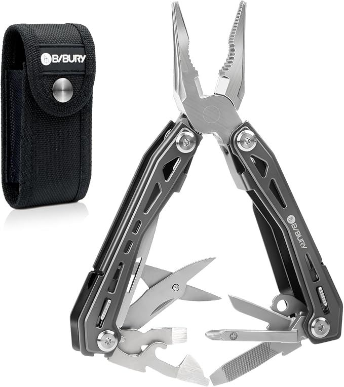 BIBURY Multitools BI2043, 17-in-1 Portable Multitool Foldable Spring-Loaded Pliers with Scissors, Can Opener & Screwdriver, EDC Tools for Camping, Outdoor Activities, Home Repair - Titanium Plating