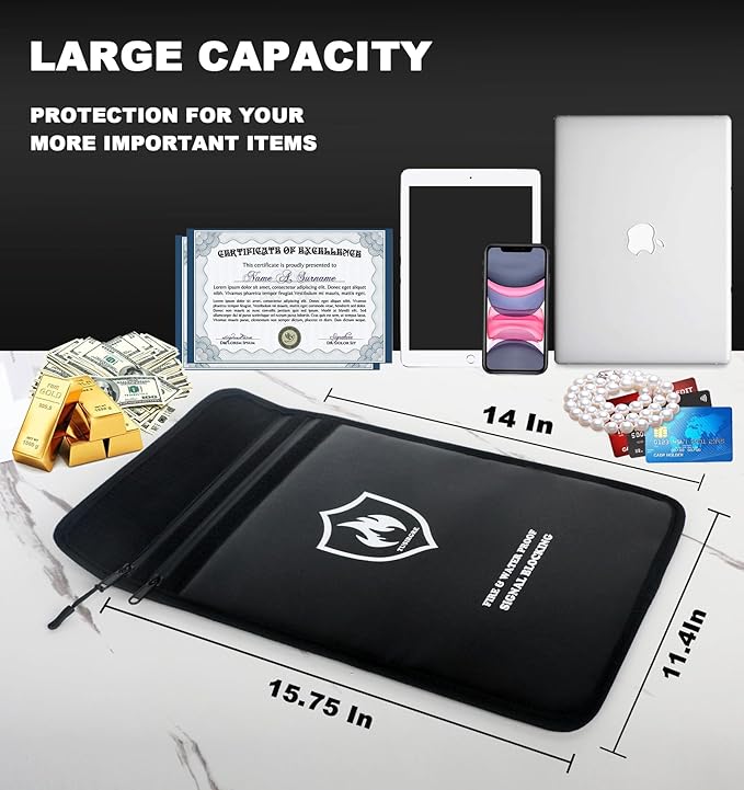 6200°F Upgraded Fireproof Document Bag, 15.7" x 11.4" Faraday Bag, Water Resistant Fireproof Money Bag with Zipper, 18 Layers of Heat Insulated Materials, RFID Blocking Bag, Anti-Theft Anti-Tracking
