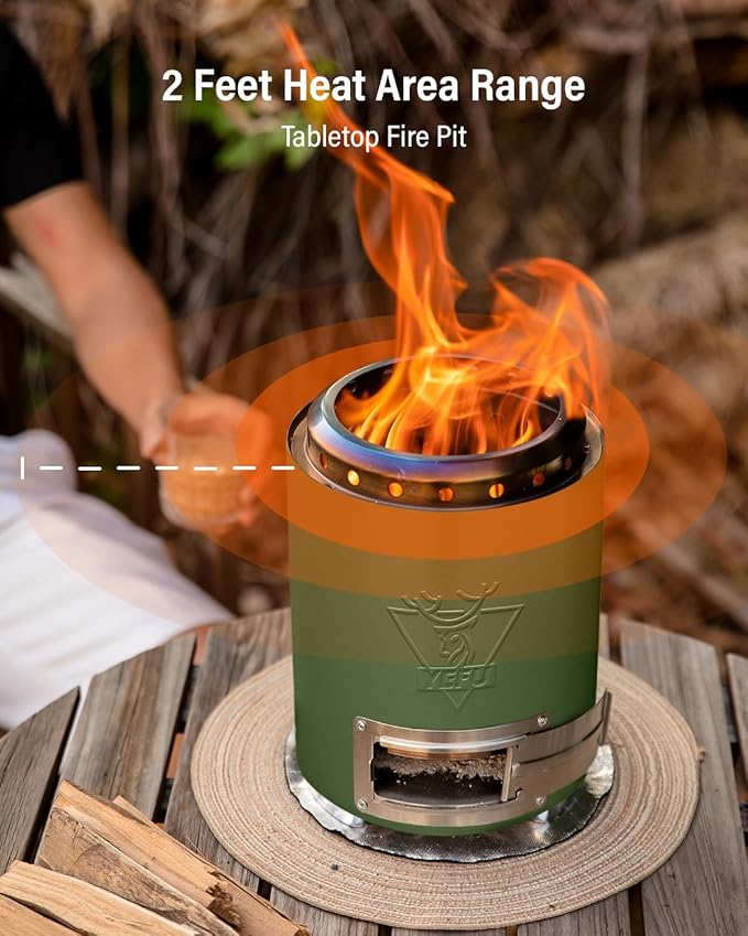 YEFU Tabletop Fire Pit 9.7 x 7.1 in, Flame Intensity Control Camping Stove for Outdoor & Patio, Fueled by Pellets or Wood, Safe Burning Table Top Firepit, with Travel Bag & 2 Mini Sticks, Green
