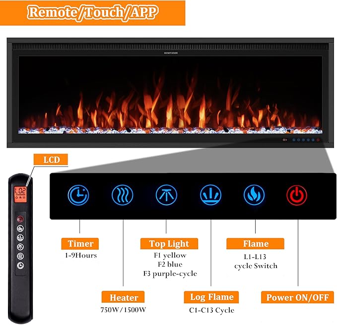 Benrocks 42'' WiFi-Enabled Electric Fireplace Insert - Alexa & App Control, 13 * 13 * 3 Color Combinations, Smart Fireplace Heater, Timer, Logs & Crystals Included, 750/1500W
