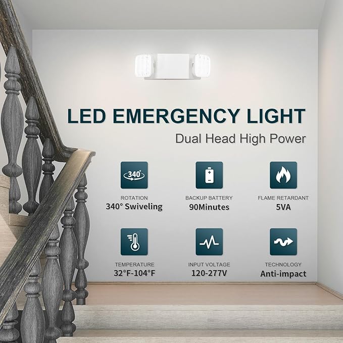 LED Emergency Lights, Commercial Emergency Lighting for Business, Power Outages, Offices, with Backup Battery (90 Minutes), Wall Mount, Hard Wired, 120-277V, Fire Resistant (94V-0) UL