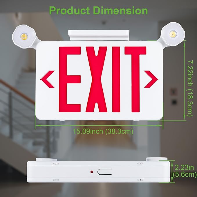 Gruenlich Red Exit Sign with Emergency Lights, 2 Adjustable LED Heads and Backup Battery, UL 924, AC 120/277V, Commercial Hardwired Exit Light for Business, 6 Pack