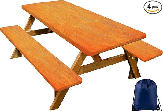 CAPSCEOLL Fitted Picnic Table Cover with Bench Covers with Elastic 6Ft Waterproof Camping Picnic Table Cover Cloths for Outdoors Camping Tablecloth with Drawstring Bag, 72X30in, Burnt Orange