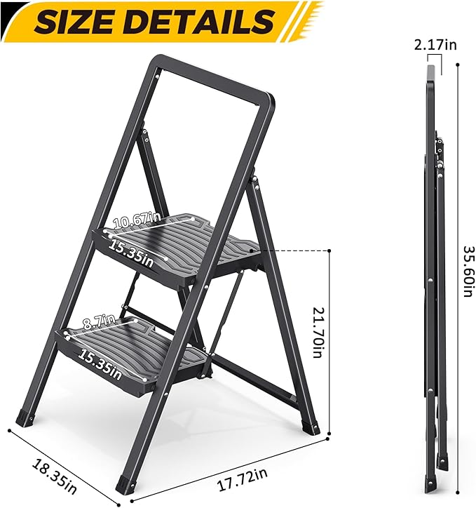 KINGRACK 2 Step Ladder 800lb Capacity, Folding Step Stool with Wide Anti-Slip Pedal & Safety Handrails, Lightweight Steel Ladder for Kitchen, Pantry, Office, Black