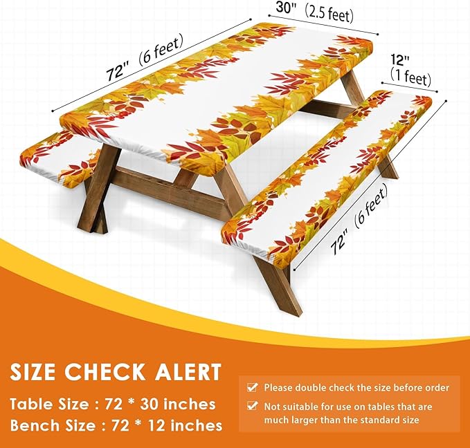 Picnic Table Cover with Bench Covers Elastic Edges, Leaves Fall Fitted Table Cover, Outdoor Patio Camping Essentials 72 Inch 3PCS, Waterproof Camping Fitted Tablecloth with Drawstring Bag
