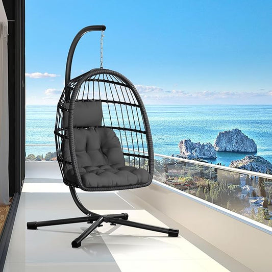 Egg Chair with Stand,Patio Rattan Wicker Hanging Swing Egg Chair Hammock Chair for Bedroom Porch Garden,Thickened Aluminum Alloy Steel Frame and UV Resistant Cushion,350LBS Capacity