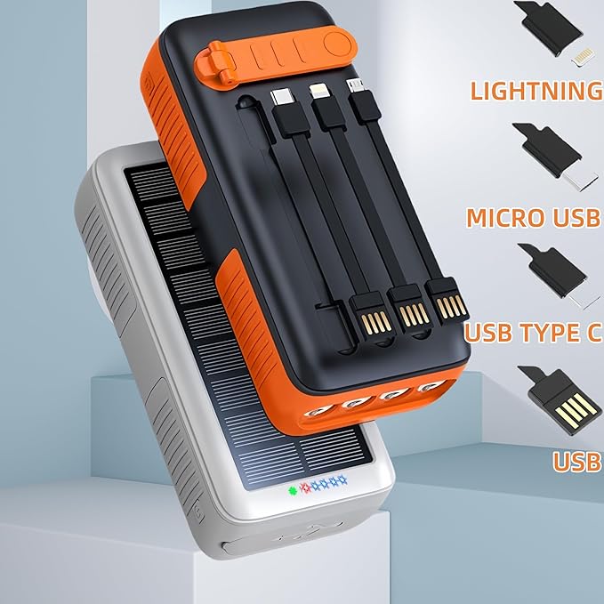 Solar Power Bank Portable Charger 63200mAh Battery Pack, Hand Crank Charger Dual Outputs Inputs 4 LED Flashlight, Fast Charging with Built in Cables Power for Phone Camping Emergency Travel (Orange)