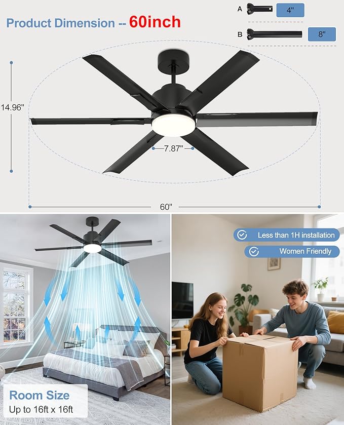 JAYNLT 60 Inch Ceiling Fan with Light,Industrial LED Fan Lights with 6 Aluminium Blades,Large Ceiling Fan - Remote/APP Control, Air Reversible 6 Speed 3 Colors Noiseless DC Motor for Kitchen,Shop
