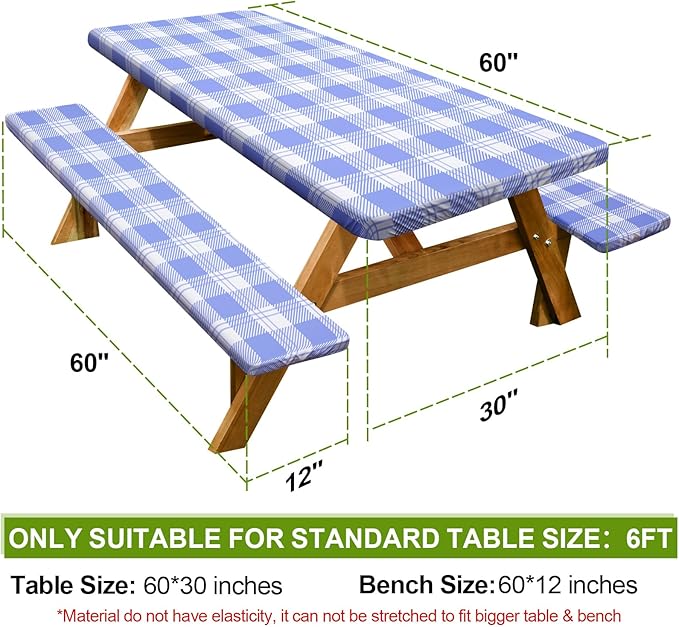 Picnic Table Cover with Bench Covers Camping Essentials Waterproof Windproof Camping Tablecloth with Drawstring Bag, Fitted Rectangle Tables and Seats, 60in, Light Blue Checkered