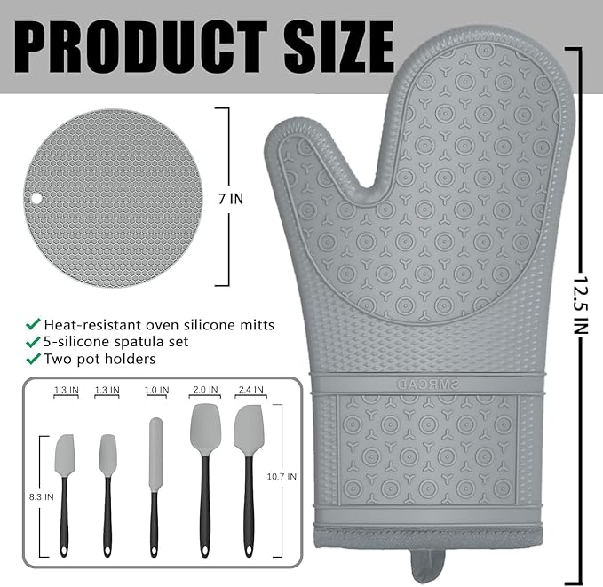 Oven Mitts with Heat-Resistant Hot Pads and Five Silicone Spatulas Designed for Kitchen Baking Cooking, Oven Glove Soft Cotton Lining, Waterproof, BPA-Free (GRYE, 12.6)