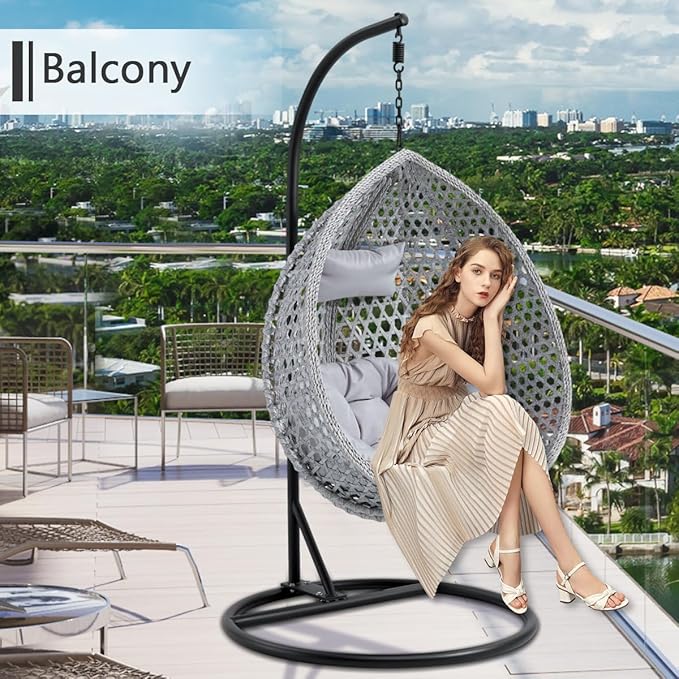 JUFU Egg Swing Chair with Stand,Hanging Egg Chair Indoor Outdoor,Hammock Hanging Basket Chair with Aluminum Steel Frame，Patio Egg Chair with Removable Cushions for Patio Balcony Backyard,Bedrooms