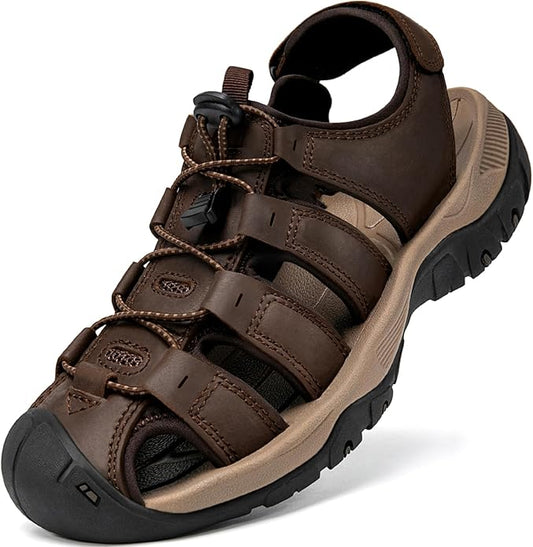 Men's Sport Sandals Closed Toe Leather Hiking Athletic Walking Outdoor Beach Trail River Fishing Water Shoes Lightweight Comfortable Waterproof