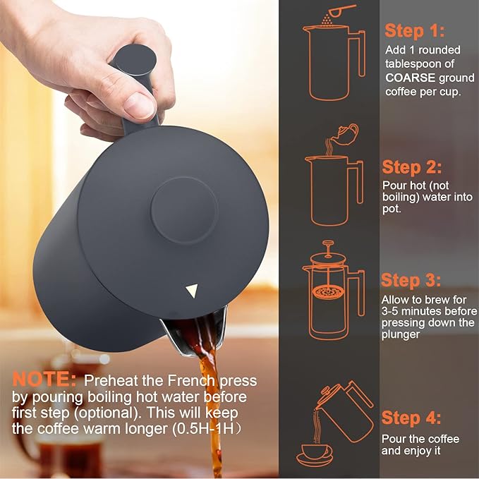 Secura French Press Coffee Maker, 304 Grade Stainless Steel Insulated Coffee Press with 2 Extra Screens, 34oz (1L), Grey