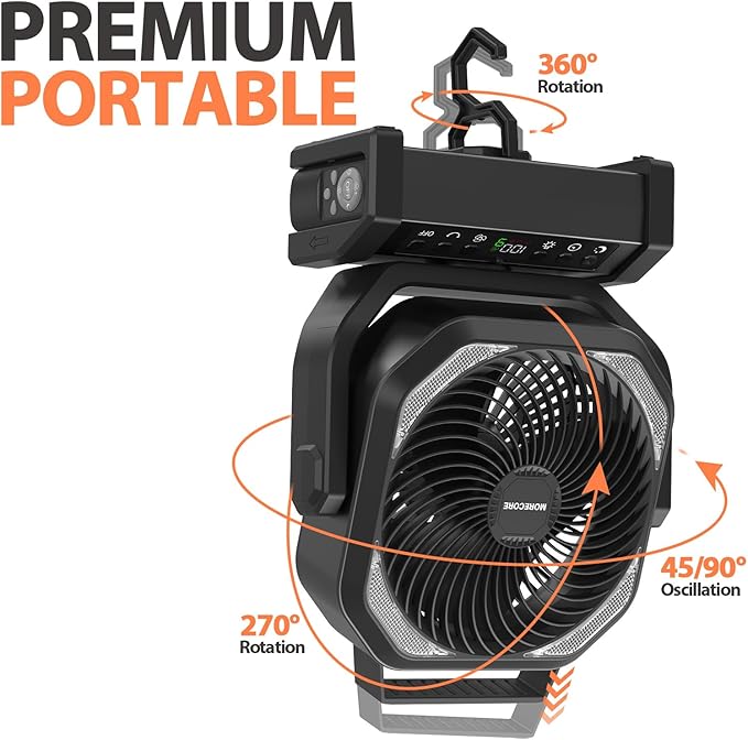 MORECORE 20000mAh Rechargeable Camping Fan with Light, 112HRS Running, 8-Speed, Auto Oscillating, Timer, LED Digital Display, 270°Pivot with Hook for Tent RV Emergency Garage-Black