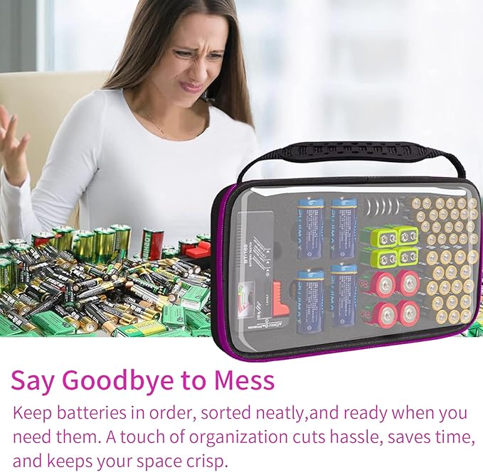 Battery Organizer Storage Case with Tester,Clear Batteries Storage Organizers Holds, Just The Right Size Slot with stable handle,Holds 57 Batteries Various Sizes（Batteries are Not Included）(Purple)