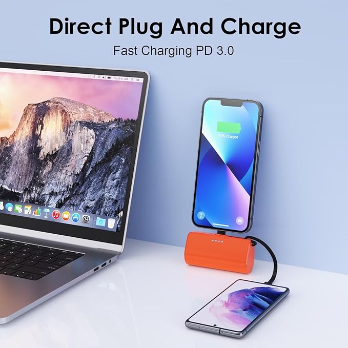 Mini Portable Charger for iPhone with Built-in Type-C Cable, 5200mAh Ultra-Compact Power Bank, PD 20W Fast Charging Battery Pack Phone Charger for iPhone 16/15/14/13, Samsung, Google, Android (Orange)