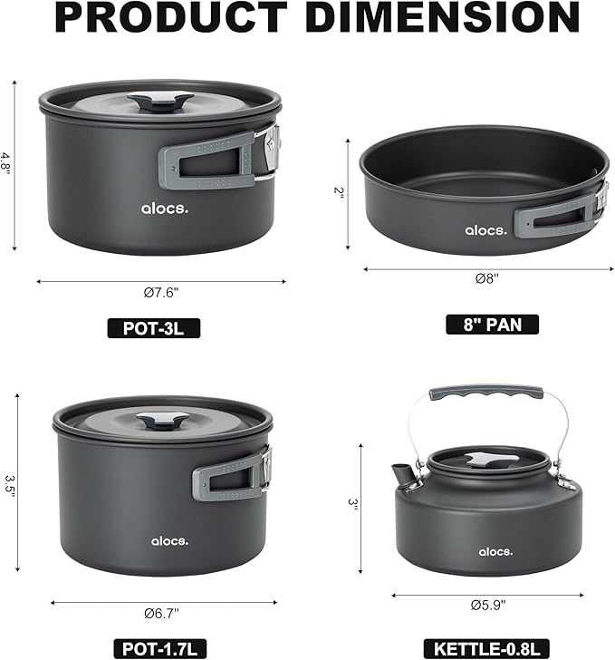 Alocs 17pcs Camping Cookware Set - Lightweight Camping Cookware Mess Kit for 2 - Portable Outdoor Cookware with Kettle - Camping Pots and Pans Set with Stainless Steel Cups Plates Forks Knives Spoons