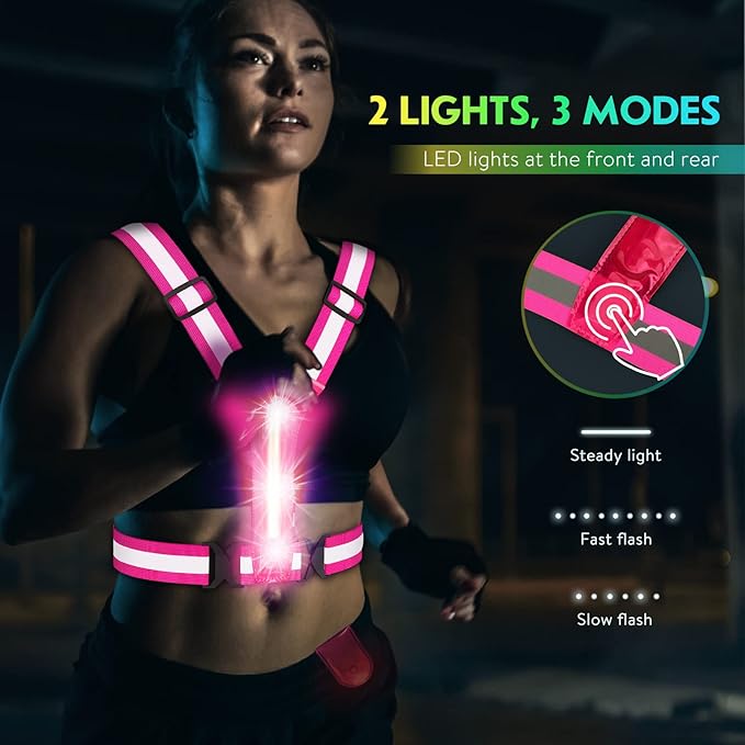 Simket Led Reflective Vest Running Gear, High Visibility Reflective Running Gear Rechargeable Adjustable Led Running Vest, Safety Night Running Gear for Men Women