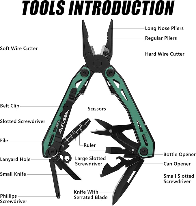 FLISSA 16-in-1 Multi Tool Pliers, Gift for Dad, Stainless Steel EDC Multitool with Pocket Knife, Belt Clip and Oxford Pouch, Self-locking Multipurpose Utility Multi-Tool for Camping Survival Outdoor