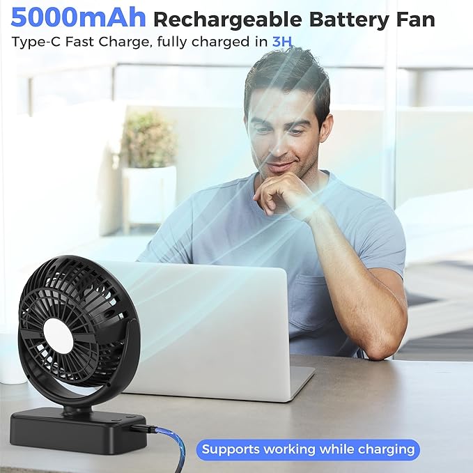 Camping Fan with LED Lantern - Rechargeable Battery Operated Fan, 35H Run Time Max, 3 Speeds, Portable Desk Fan with Hook for Tent Car RV Outdoor Emergency Outage Hurricane