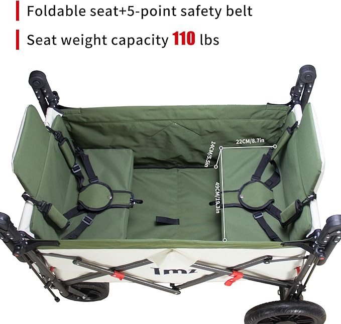 TMZ Foldable Wagon with Canopy, Collapsible Folding Wagon with Adjustable Handle Bar, Multi Functional Cart with Expansion Accessories, Front Expandable Transport Camping Wagon (Green/Beige)