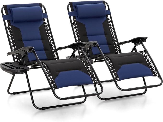 MFSTUDIO Padded Zero Gravity Chair Set of 2, Folding Patio Lounge Recliner with Adjustable Pillows & Cup Holder for Poolside Backyard, Support 400lbs(Navy Blue)