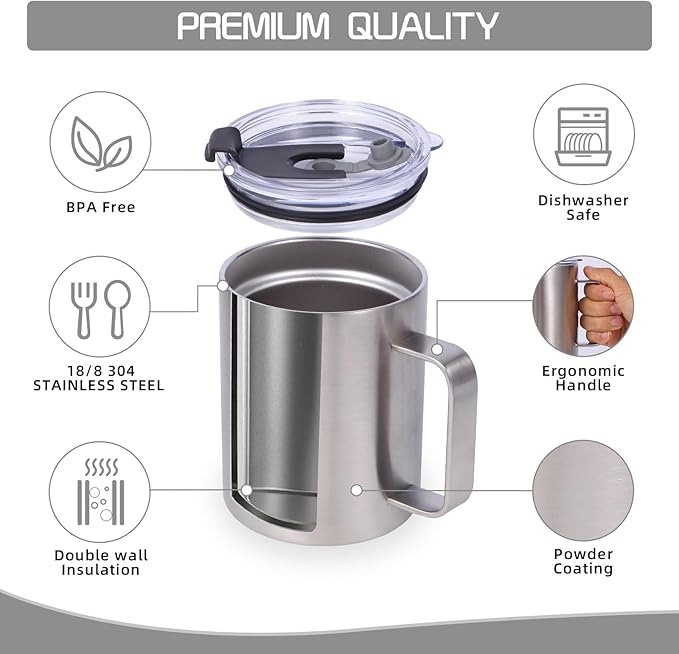 Volhoply 12oz Insulated Leakproof Coffee Mug with Flip & Straw Lid Bulk 2 Pack,Double Wall Vacuum Stainless Steel Travel Tumbler Cup with Handle,Reusable Camping Mugs Keep Cold/Hot(Silver,2 Set)