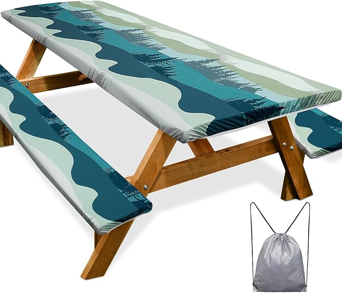 Picnic Table Cover with Bench Covers Camping Essentials Waterproof Windproof Camping Tablecloth with Drawstring Bag, Fitted Rectangle Tables and Seats, 96in, Green Blue